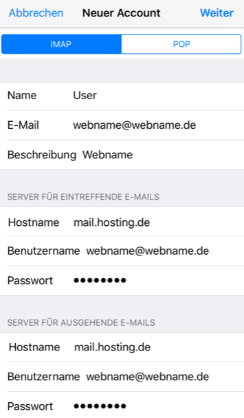 Einrichtung eines E-Mail-Kontos in Apple iOS Schritt 7
