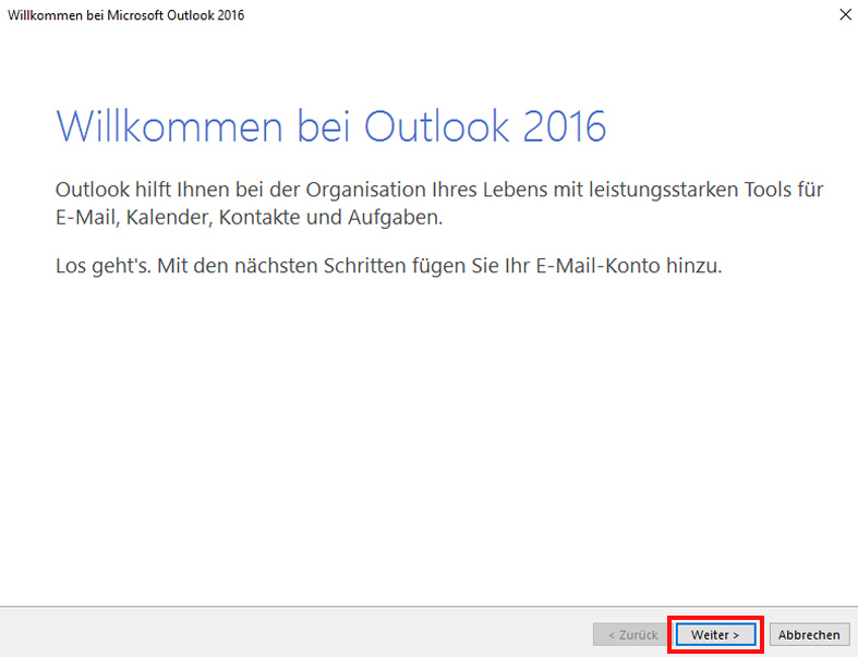 Einrichtung eines E-Mail-Kontos in Outlook 2016 Schritt 1