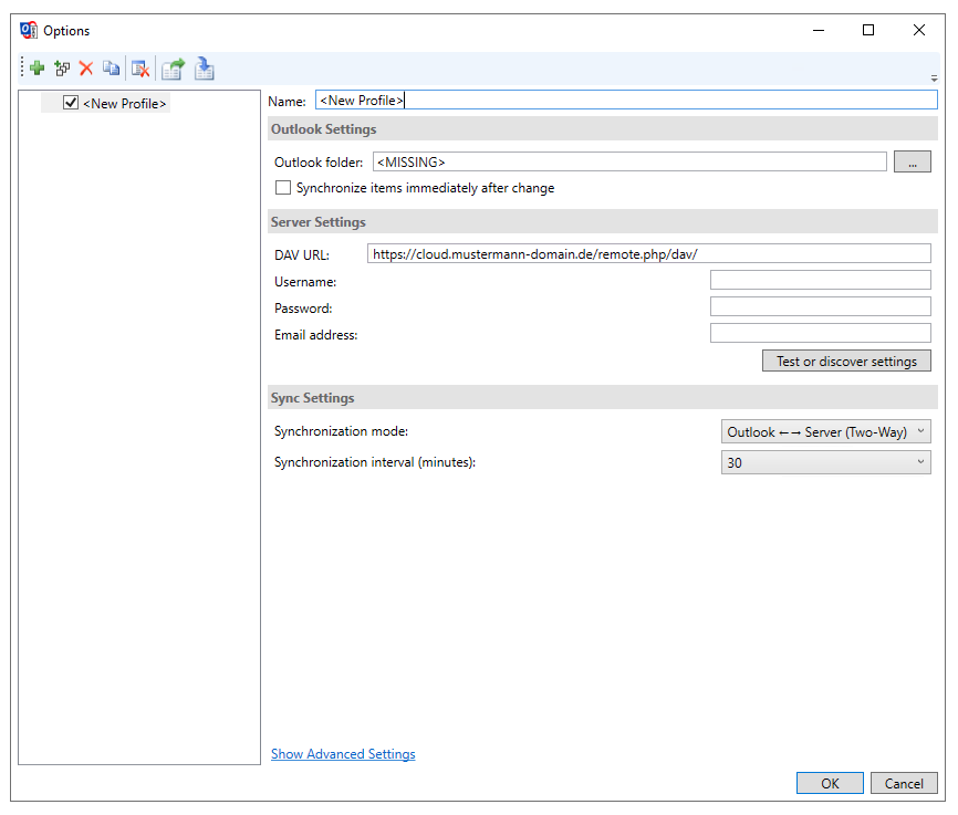 Konfiguraton des Nextcloud CalDav Synchronizer für Outlook